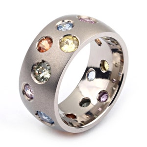 Titanium & Multi-Colored Sapphire Eternity Ring Custom Made For Her 8mm wide