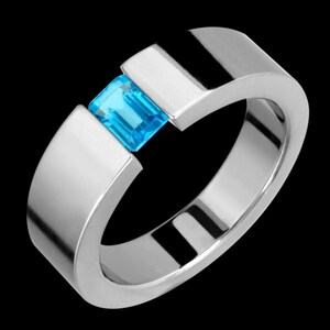 7mm Tension Set Titanium & Genuine Blue Topaz Ring Custom Made