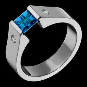 5mm Diamond Titanium & Illusion Cut Blue Topaz Cubic Zirconia Tension Set Ring Custom Made