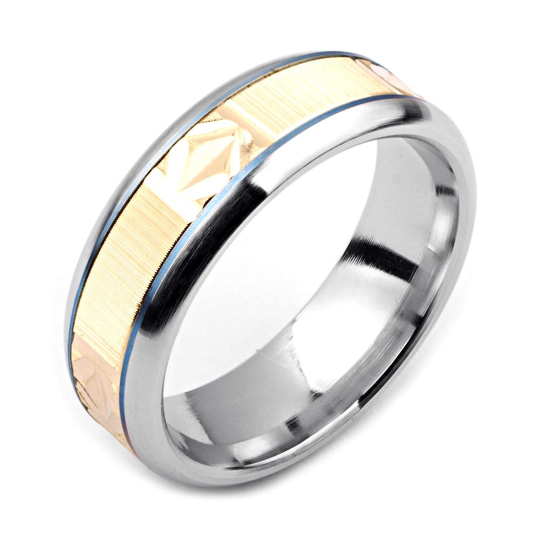 Men's Cobalt Ring 7mm Wide Twotone Cobalt & 14K Yellow Gold solid, Not Plated Wedding Band