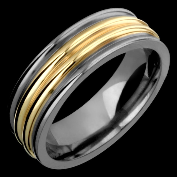 7mm Two-Tone Comfort Fit Titanium & 14K Solid Gold (not plated) Wedding Band Fashion Ring