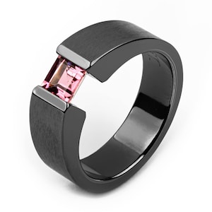 Women&#39;s 6mm Tension Set Black Titanium & Pink Tourmaline Ring Custom Made