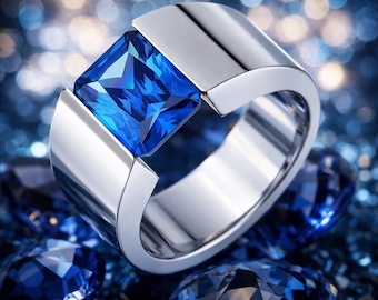10mm Titanium & 8x10mm CZ Tanzanite Tension Set Ring Custom Made Unisex
