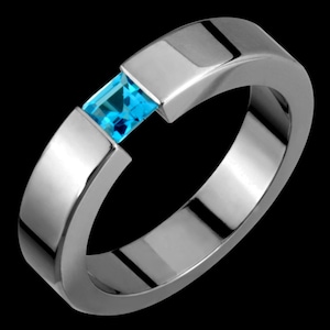 5mm Tension Set Titanium & Genuine Blue Topaz Ring Custom Made