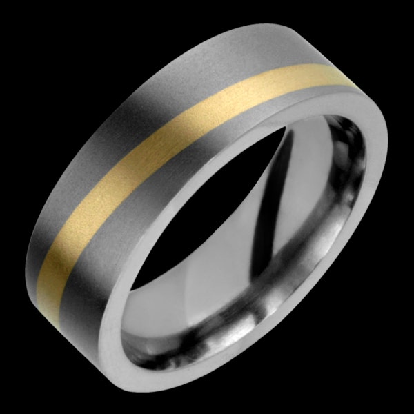 7mm Two-Tone Comfort Fit Titanium & 14K Solid Gold Inlay (not plated) Wedding Band Fashion Ring