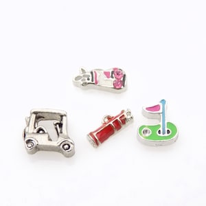 Set of 4 Golf themed locket Charms Floating locket accessory cute locket charms Golf Cart charm, Golf bag charm, Golf hole