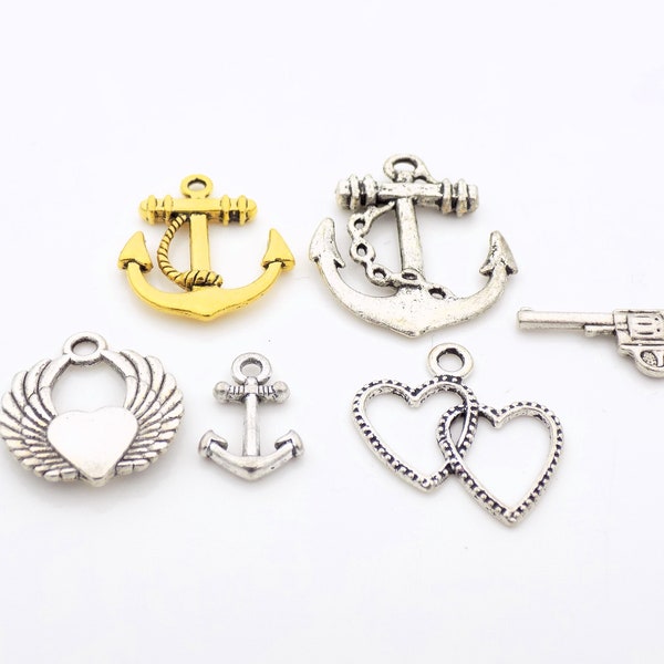 Bulk Silver or gold charm lots,Charms for DIY projects, crafter, craft destash, anchor, hearts