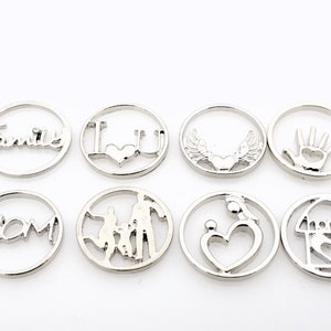 Set of 8 Floating Locket Windows - Comes with every design in the photo, Mom, Family, Home, various enamel locket backplates accessory