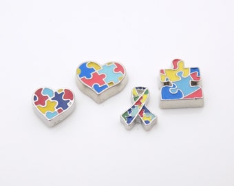 Set of 3 Autism Awareness themed locket Charms Floating locket accessory Lightening, Puzzle Charm, Autism Ribbon