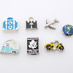 Set of 7 Wanderlust Travel themed Charms Floating locket Lot of Charms, Mixed charm Suitcase, Airplane, Globe, Camper, Passport and Bike