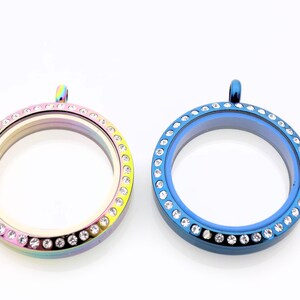 Rainbow or Blue Living Locket, Glass locket to hold charms Embedded Austrian Crystal, Stainless steel High quality glass