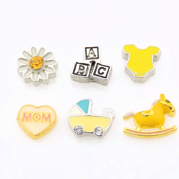 Set of 6 Baby themed locket Charms Floating locket accessory Yellow Charms gender neutral, baby blocks, rocking horse, baby stroller, Flower