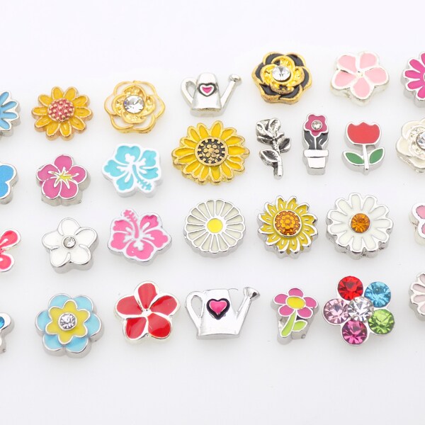 Set of 29 Flower Floral Spring themed locket Charms Floating locket accessory Colorful Charms, Rose, Watering Can, Sunflower, Daisy, Pink