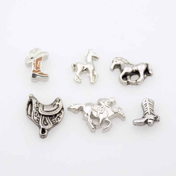 Set of 6 Cowboy themed locket Charms Floating locket accessory Horse, Horse racer, cowboy boots, foal, spur, saddle charms gift idea