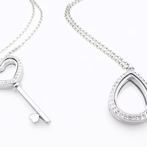 Living Locket Glass locket to add your own charms too, Embedded Austrian Crystal, tear drop, key locket High quality glass Choose your shape