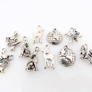 May include: A collection of ten silver charm pendants featuring various designs, including a deer, a dragon, a globe, and a rabbit.