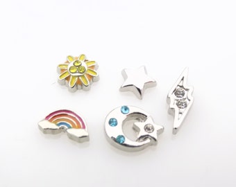 Set of 5 Weather themed locket Charms Floating locket accessory Lightening, Star, Sun, Moon, Stars, Celestial, rainbow