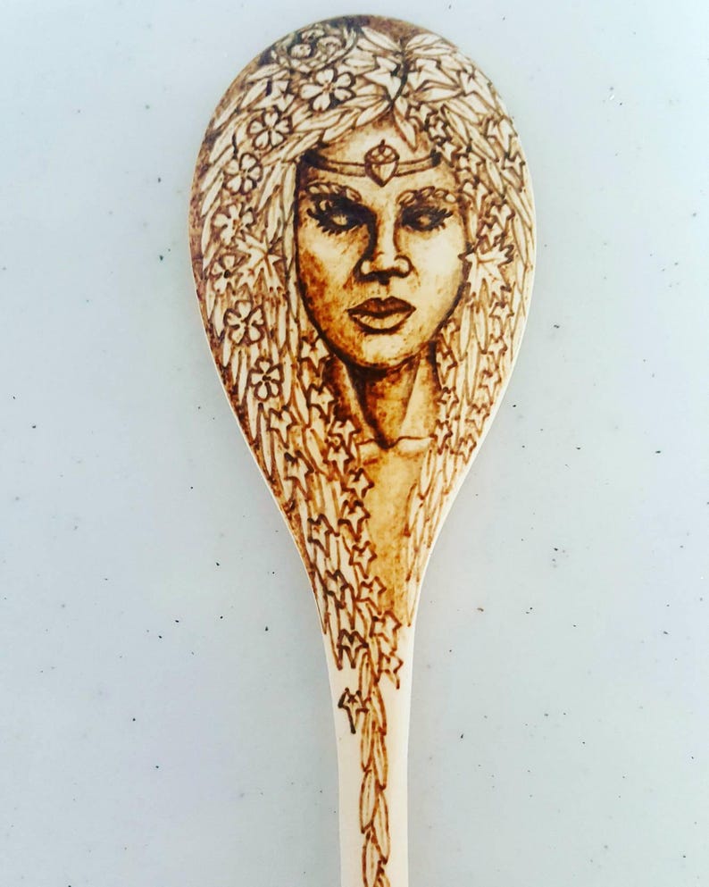 Green Woman Kitchen Witch Wand Wood Burned Spoon Etsy