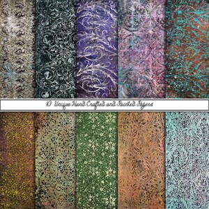 May include: Ten digital paper designs featuring a vintage floral pattern in various colors, including green, blue, purple, brown, and gold. The papers have a distressed, textured look.