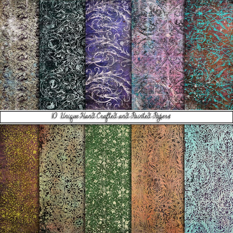May include: Ten digital paper designs featuring a vintage floral pattern in various colors, including green, blue, purple, brown, and gold. The papers have a distressed, textured look.