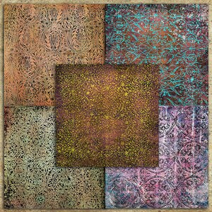 May include: A digital collage of six different patterned squares. The patterns are all intricate and floral, with a vintage aesthetic. The colors are muted and earthy, with shades of brown, green, blue, and pink.