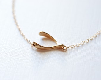 Gold Sideways Wishbone Necklace - Lucky wishbone necklace, Gold Wishbone Necklace, Simple Dainty Jewelry by HeirloomEnvy