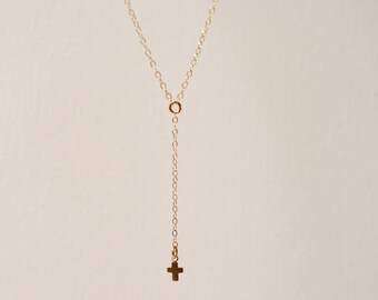 Gold Cross Rosary Lariat Necklace, 14k gold filled Cross, Gold Cross Necklace, Communion Gift, Bridesmaid Jewelry,dainty rosary