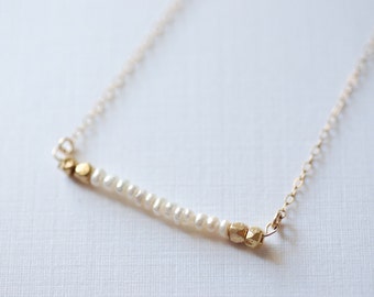 Freshwater Pearl Bar Necklace- Minimalist Bar Necklace // 14k gold filled chain- Dainty Jewelry by HeirloomEnvy