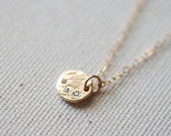 Gold Circle Necklace with Crystals, Make a wish necklace, Crystal Disc Necklace, Simple Dainty Necklace, Etched Disc Necklace