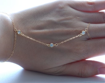 Hand Kette Armband Ring - Handkette 14 k gold gefüllt und 3 cz Zirkonia Diamanten Ring Kette Armband