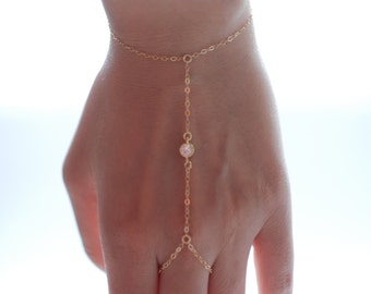 Hand bracelet - hand chain -14k gold filled  tiny cz cubic zirconia diamonds ring chain bracelet