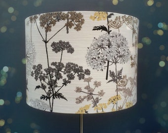 Hedgerow Flora In Greys and Yellow in 15cm up to 45cm diameters.For ceiling,table,bedside and floor lamps.