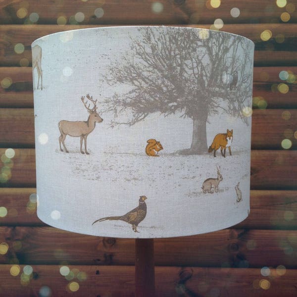 Drum lampshade-British Woodland -Fabric Covered Lamp shade. 19cm up to 40cm