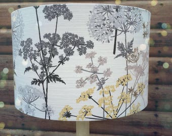 Hedgerow Flora In Greys and Yellow Fabric Covered Lampshade sizes up to 40cm