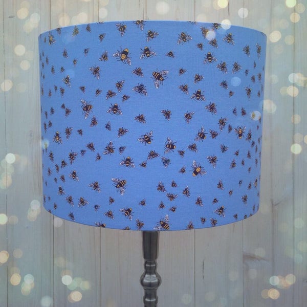 Buzzy Bees in Blue - Fabric Covered Drum Shaped Lampshade