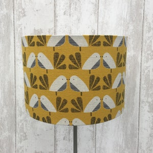 Mustard linen with birds- Fabric covered lamp shade. Small to very large sizes.