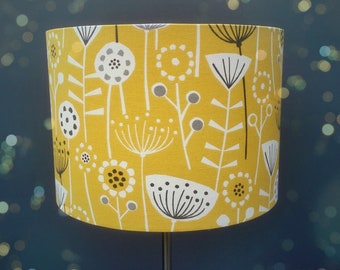 Yellow Ochre Scandi Flowers and Seed heads Lampshade in sizes 15cm right up to 45cm diameter .