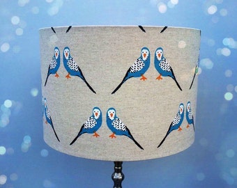 Budgies on Oatmeal Linen Like Fabric Drum Shaped Lampshade.  *** ONLY ONE 30cm diameter size available ***