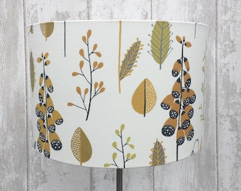 Flowers and Leaves study in Ochre- Fabric covered lamp shade.15cm up to large size 45cm diameter.