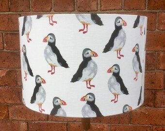 Puffins on Linen Lampshade. 20cm diameter up to 45cm sized drum lampshades.