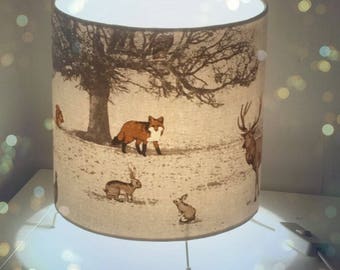 20cm Lamp complete with electrics ,covered with British Woodland Fabric.For use as table lamp or bedside lamp.