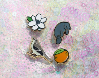 Florida Mini Pin 4 Pack - Mocking Bird, Orange, Orange Blossom Flower, Manatee / Sea Cow