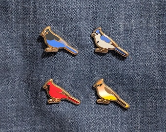 Crested Bird Mini Pins - Cedar Waxwing, Blue Jay, Steller's Jay and Northern Cardinal