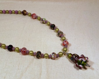 Artisan Lampwork Glass Pendant Necklace of Mauve and Green with Czech Glass Beads