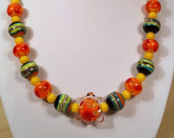 Artisan Lampwork Glass Bead Colorful Turtle Necklace, gift for her, red orange yellow green turquoise blue rainbow handmade lampwork