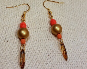 Melon Orange and Gold Czech Glass Beads Hypo-allergenic Earrings