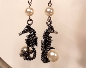 Seahorse Earrings with White Pearls