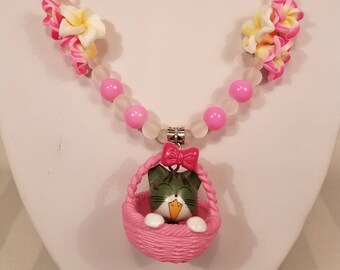 Kitty in a Basket Pink Floral Necklace
