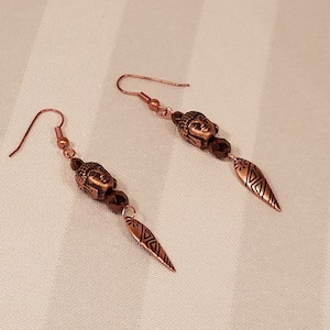 Copper Buddha Head Earrings with Stamped Metal Dangles