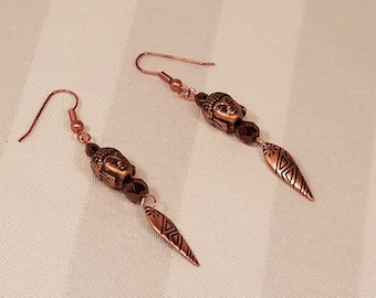 Copper Buddha Head Earrings with Stamped Metal Dangles